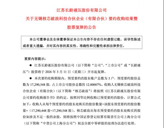  控制权平稳过渡，长龄液压迎来新格局；夏继发家族逐步退出，无锡核芯破浪强势入主。 股票财经