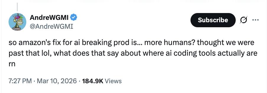  亚马逊AI编码失控酿祸；系统频频宕机；马斯克直言需谨慎前行。 IT技术